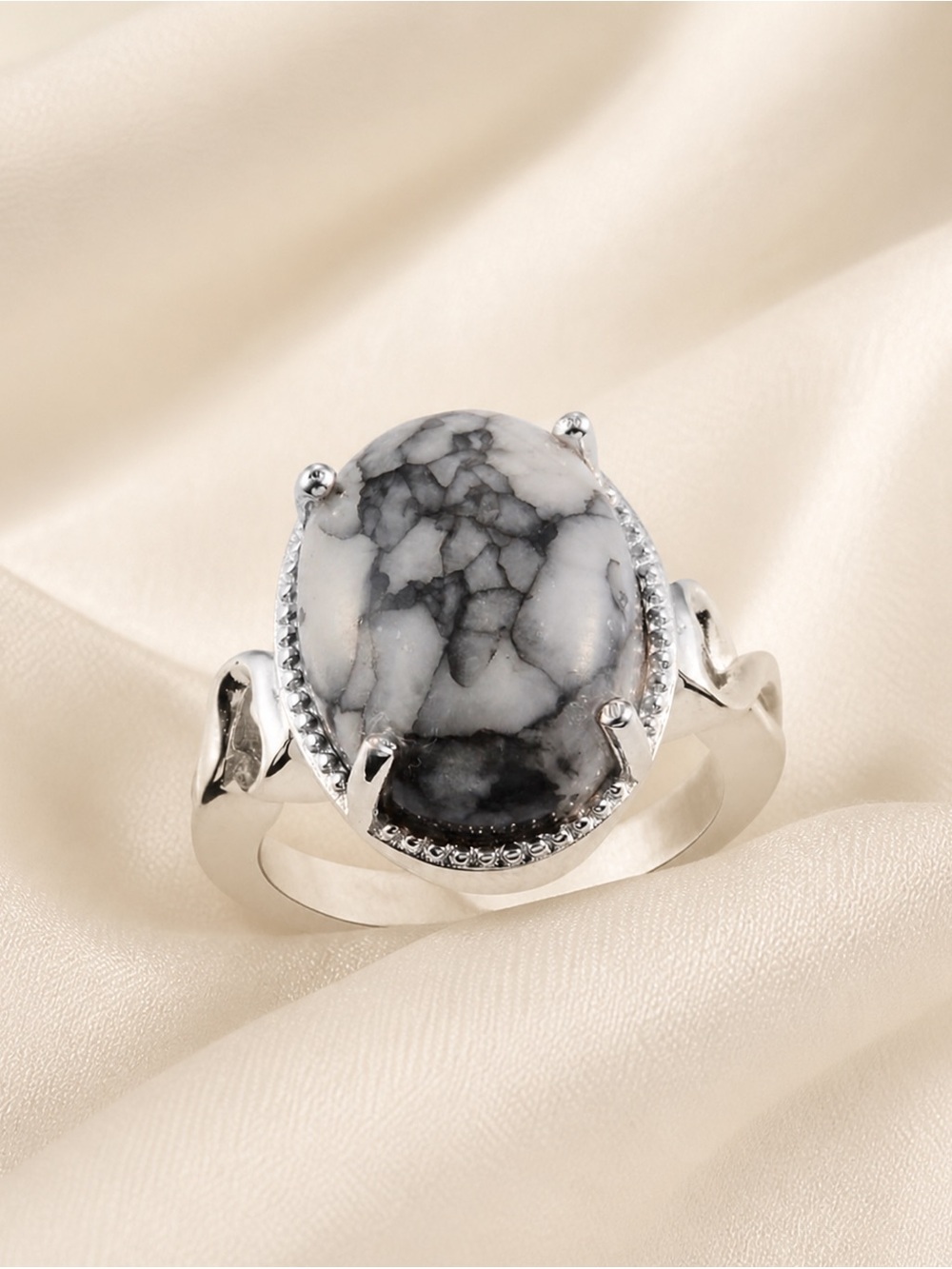 Austrian Pinolith Solitaire Ring Platinum Over Copper 10.10 ctw Cabochon Ring